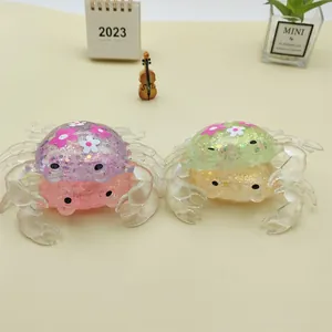 Close-up of colorful glitter-filled crab squishy toys in a cute lifestyle setting