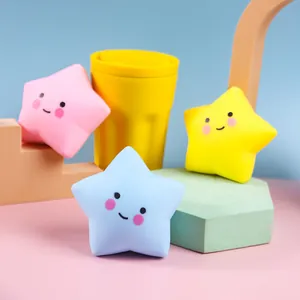 Detailed macro view of colorful star-shaped squishy stress relief toys with cute faces