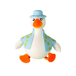 Cute squeeze duck toy wearing blue hat and floral vest for stress relief and play