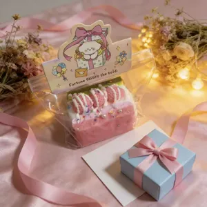 Nahaufnahme eines Silikon-Quetschspielzeugs im Erdbeerkuchen-Stil als Geschenk