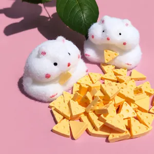 Cute white fluffy hamster squeeze toy with miniature cheese accessories