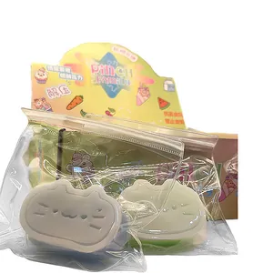 Close-up detail of soft cat-shaped squishy toys in clear zip bags for stress relief
