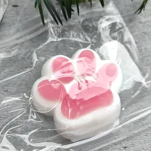 Detailopname van een parelmoer kattenpoot squishy speeltje in plastic zak.