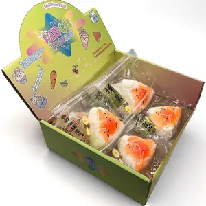 Simulated food squishy stress relief toy set in green display box with snack design