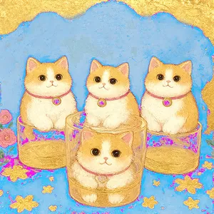 Detalle de cuatro lindos juguetes blandos de gatos para aliviar el estrés y decorar