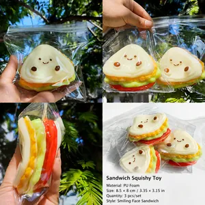 Detailed view of a cute slow-rebound sandwich squishy toy in clear plastic packaging