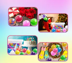 Multi-colored sensory stress balls displayed in four holiday gift scenes for children