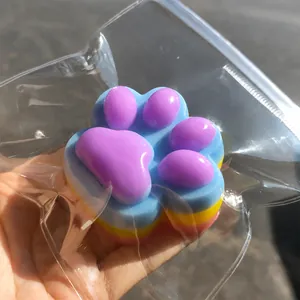 Primo piano di un giocattolo antistress a zampa di gatto arcobaleno in una bustina.