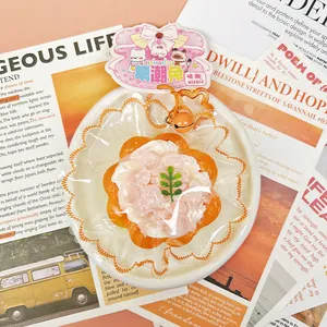 Macro detail of a silicone egg tart squishy toy with cute bunny brand packaging card
