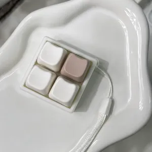 Close-up of a 4-grid keyboard switch tester fidget keychain on a white ceramic tray
