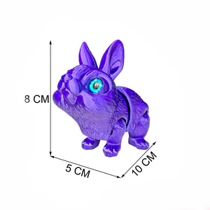 Detailed view of articulated 3D printed purple rabbit model showing 8x10x5 cm dimensions