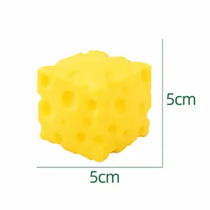 Close-up detail of the yellow square cheese squishy toy showing its 5cm by 5cm dimensions