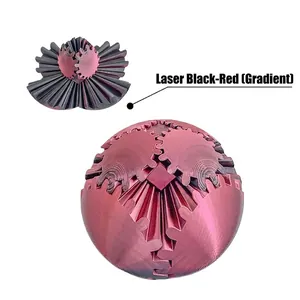 Detail of 3D printed rotating gear ball with black and red laser gradient