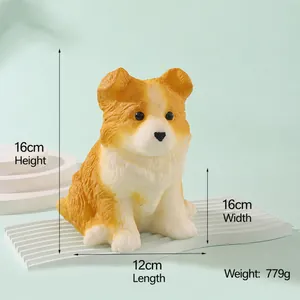 Close-up of cute Border Collie squishy toy showing dimensions: 16cm height and 779g weight