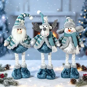Set of three retractable teal Christmas dolls featuring Santa, Elk, and Snowman characters.