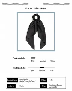 Detailed product specifications of a black satin ribbon hair tie for ponytail decoration