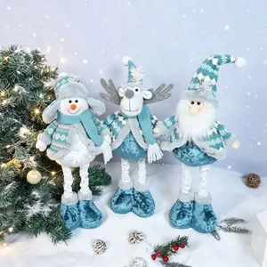 Trio of blue winter-style telescopic Christmas plush dolls featuring Santa, Snowman, and Elk