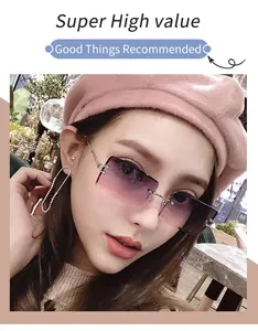 Close-up of model wearing rimless purple gradient rectangular fashion sunglasses