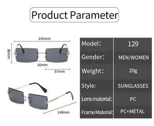 Detailed dimension chart for rimless rectangular sunglasses with PC metal frame