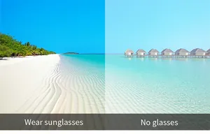 Comparison view showing polarized lens effect versus naked eye on a sunny tropical beach
