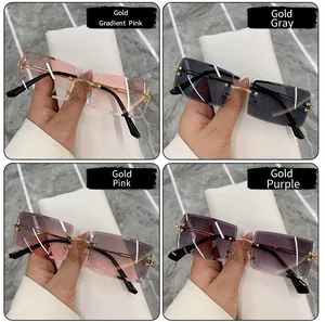 Four color options for rimless square sunglasses with gold frames and gradient lenses.