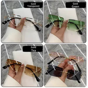 Rimless small square sunglasses with cut edges and gradient lenses in four trendy colors