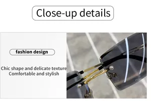 Detailed macro view of rimless gradient sunglasses with gold metal hinges and rivets