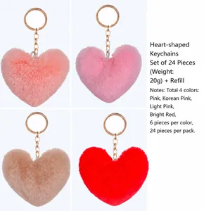 Assortiment de 24 porte-clés en peluche en forme de cœur en rose, beige et rouge