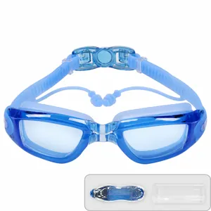 Occhialini da nuoto blu per adulti con tappi per le orecchie integrati e custodia