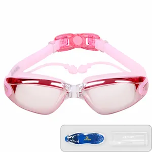 Occhialini da nuoto rosa antiappannamento per adulti con tappi per le orecchie inclusi