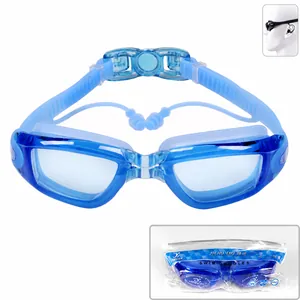 Occhialini da nuoto blu per adulti con tappi per le orecchie integrati e protezione anti-appannamento