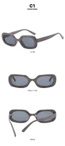 Three-angle detail view of vintage checkerboard oval sunglasses in pink and black.