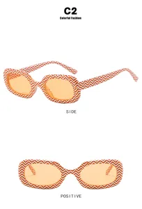 Front and side views of oval retro sunglasses with orange chevron pattern frames