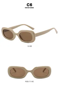 Detailed views of retro oval sunglasses showing both side and positive display angles