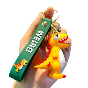 Porte-clés dinosaure de dessin animé jaune 3D avec sangle en PVC vert et texte WEIRDO