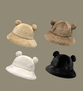 Cute fuzzy bucket hats with bear ears in four colors: beige, brown, white, and black.