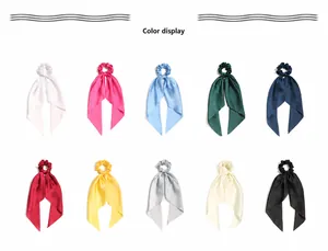 Collection of elegant solid color satin scrunchies with long ribbon tails for women