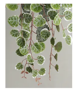 Close-up detail of artificial green hanging vine with realistic heart-shaped leaves