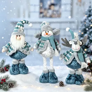 Detailed view of retractable Christmas Santa, snowman, and reindeer plush figurines set.