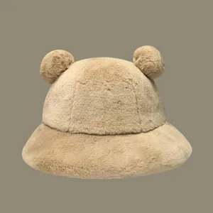 Plush fuzzy bucket hat featuring cute bear ears design for women winter warmth