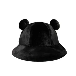Cute black furry bucket hat with plush bear ears, cozy winter warm basin hat for women