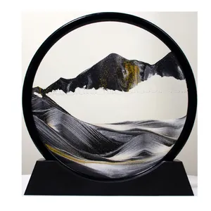 Decorative 12 inch round 3D moving sand art desk ornament with black mountain landscape
