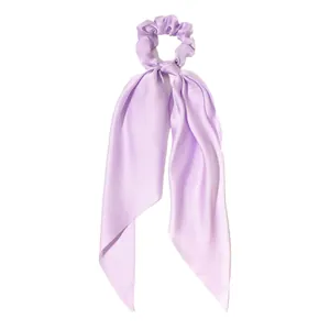 Elegant lavender purple satin scrunchie with long streamers for women's ponytail hair accessory