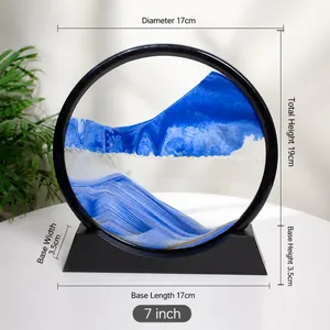 7-inch circular blue 3D moving sand art desk ornament with black frame for home decor