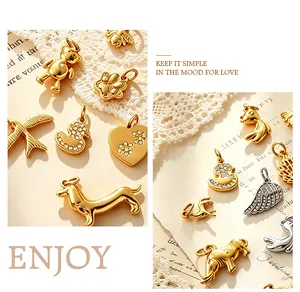 Macro detail of various gold-plated 3D animal pendants and charms for DIY jewelry.