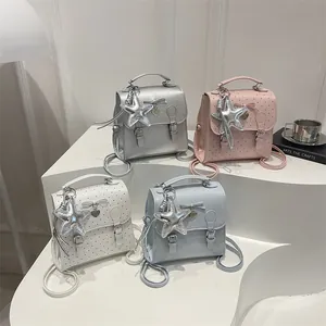 Women Small PU Leather Backpack Cute Polka Dot Casual Daypack With Bow And Star Pendant Stylish Mini Bookbag For Girls