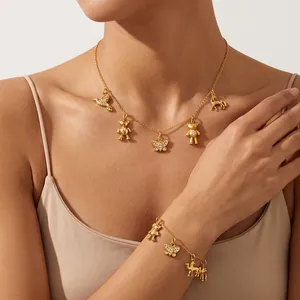 Exquisite 18K gold plated necklace and bracelet set featuring cute 3D animal charms for women