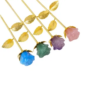 Elegant natural crystal rose ornaments with gold stems for Valentines Day gift