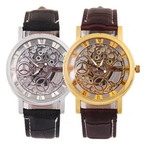 Men Fashion Skeleton Quartz Watch Hollow Dial Design Roman Numerals Alloy Case Faux Leather Strap Casual Business Wristwatch