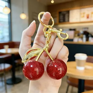 Exquisite Glitter Cherry Keychain Resin Fruit Bag Charm For Women Car Keyring Decoration Elegant Gold Silver Plated Leaf Gift
